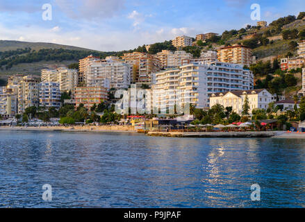 Beach and Beach Promenade, Saranda, Sarandë, Qark Vlora, Ionian Sea, Albania Stock Photo