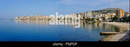 City panorama with beach, Saranda, Sarandë, Qark Vlora, Ionian Sea, Albania Stock Photo