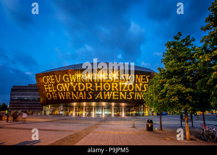 Welsh Millenium Center, architect Percy Thomas, event center, Blue Hour, Cardiff, South Glamorgan, Wales, United Kingdom Stock Photo