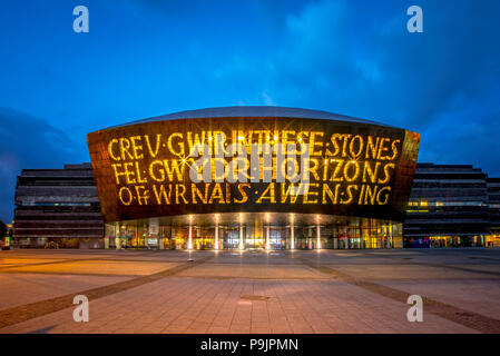 Welsh Millenium Center, architect Percy Thomas, event center, Blue Hour, Cardiff, South Glamorgan, Wales, United Kingdom Stock Photo