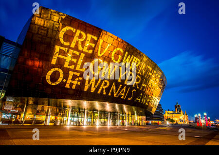 Welsh Millenium Center, architect Percy Thomas, event center, Blue Hour, Cardiff, South Glamorgan, Wales, United Kingdom Stock Photo