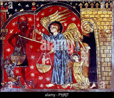 Detail of Saint Michael and the devil weighing souls and an angel giving a soul to Saint Peter on… Stock Photo