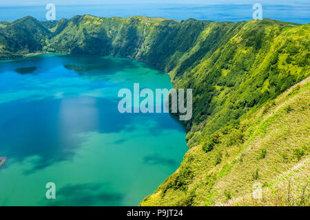 Sete Cidades, two lakes and a village in the dormant crater of a volcano on the island of Sao Miguel, The Azores Stock Photo