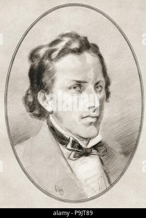 Frédéric François Chopin, 1810 – 1849.  Polish composer and virtuoso pianist of the Romantic era.  Illustration by Gordon Ross, American artist and illustrator (1873-1946), from Living Biographies of Great Composers. Stock Photo