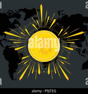 bitcoin shine on world map black Stock Vector