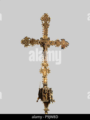 Processional cross, front, made of gilded silver, wood and glazed plates, from the Church of Sant… Stock Photo