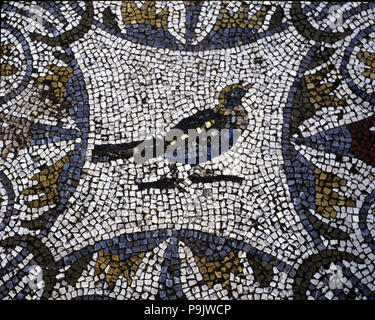 Mosaic in the Amphitheatre house representing a bird, preserved in the archaeological site of Mer… Stock Photo