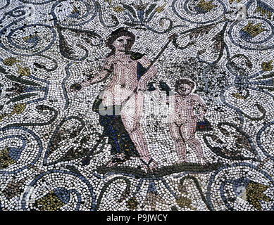 Mosaic in the Amphitheatre house representing spring, preserved in the archaeological site of Mer… Stock Photo