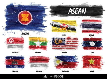 Realistic watercolor painting flag of ASEAN ( Association of Southeast Asian Nations ) and membership on isolated background . Vector . Stock Vector