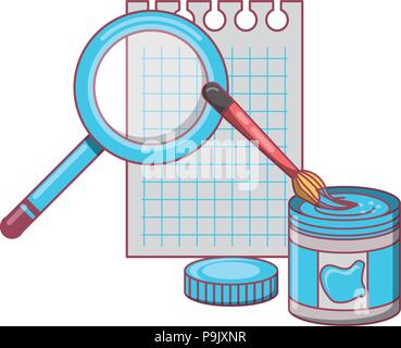 notebook sheet with paint bottle and magnifying glass over white background, vector illustration Stock Vector