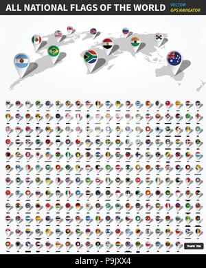 All official national flags of the world . GPS navigator location pin on perspective earth map in white background . Vector . Stock Vector