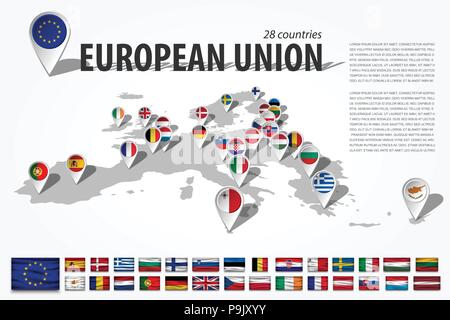 European union 28 countries and GPS navigator location pin with national flag on perspective europe continent map . And set of wavy style flag element Stock Vector