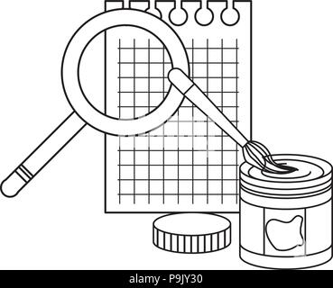 notebook sheet with paint bottle and magnifying glass over white background, vector illustration Stock Vector