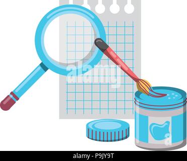 notebook sheet with paint bottle and magnifying glass over white background, vector illustration Stock Vector