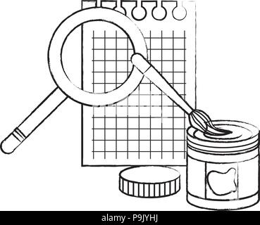 notebook sheet with paint bottle and magnifying glass over white background, vector illustration Stock Vector