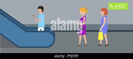 Exit escalator metro banner horizontal, flat style Stock Vector