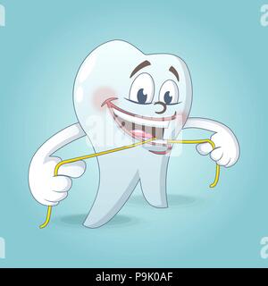 Cute tooth with floss concept background, cartoon style Stock Vector