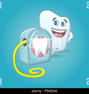 Smiling tooth with floss box concept background, cartoon style Stock Vector