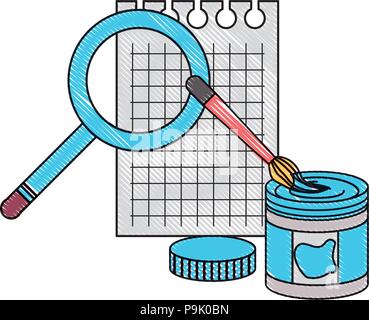 notebook sheet with paint bottle and magnifying glass over white background, vector illustration Stock Vector