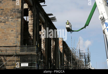 Ongoing work continues to dismantle the Glasgow School of Art's Mackintosh building, after a second fire damaged the site at the start of July. Stock Photo