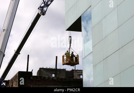 Ongoing work continues to dismantle the Glasgow School of Art's Mackintosh building, after a second fire damaged the site at the start of July. Stock Photo