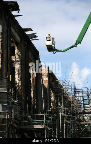 Ongoing work continues to dismantle the Glasgow School of Art's Mackintosh building, after a second fire damaged the site at the start of July. Stock Photo