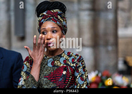 Zamaswazi Dlamini-Mandela, grand-daughter of Nelson Mandela, wipes away tears as she attends a service to mark the centenary of the birth of the former South African President at Westminster Abbey in London where a memorial stone was dedicated to the late South African Leader. Stock Photo