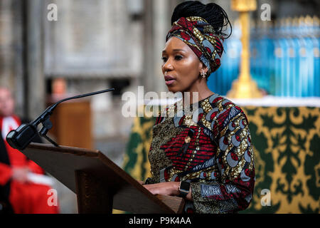 Zamaswazi Dlamini-Mandela, grand-daughter of Nelson Mandela reading at a service to mark the centenary of the birth of the former South African President at Westminster Abbey in London where a memorial stone was dedicated to the late South African Leader. Stock Photo