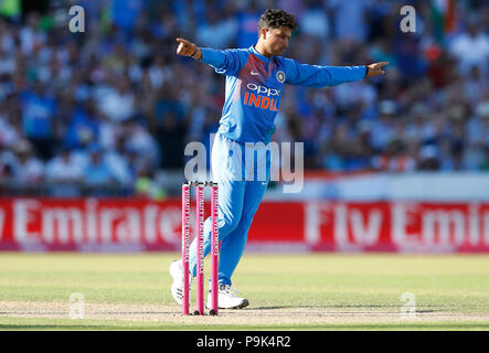 India's Kuldeep Yadav during the 1st Vitality IT20 Series match at Emirates Old Trafford, Manchester. Stock Photo