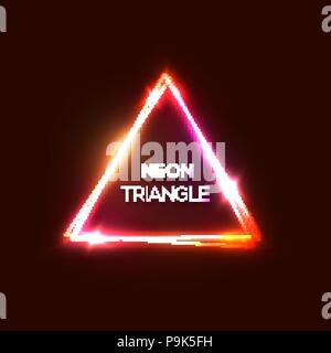 Neon sign. Red pink abstract triangle background. Electric power technology led lights frame. Electrical wire triangle logo with electricity flash flare sparkle. Glowing color vector illustration. Stock Vector