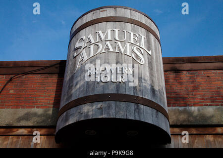Wooden barrel sign on the facade of Samuel Adams Brewery in Boston, MA Stock Photo