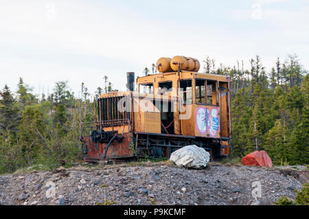 Abandoned locomotive at remains of Trinity Loop amusement park in Newfoundland. DETAILS IN DESCRIPTION. Stock Photo