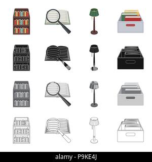 A book and a magnifying glass, a shelf with books in the library, a floor lamp, a box with folders. Library set collection icons in cartoon black mono Stock Vector