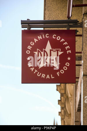 Sign above the doorway to a branch of the Pret a Manager sandwich shop chain in central London Stock Photo