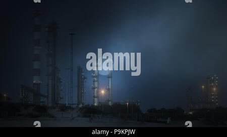 Part of a big oil refinery in a foggy full moon night Stock Photo
