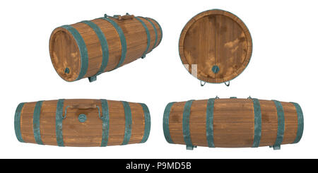 Old wooden barrel or cask for storing water or rum aboard ship, 19th century nautical style, isolated on white background. 3D render / illustration Stock Photo