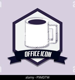 office icons emblem with coffee mug icon over purple background, colorful design. vector illustration Stock Vector