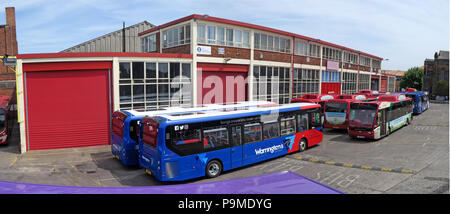 Warringtons Own Buses, main depot pano,  Wilderspool Causeway, Cheshire, North West England, UK, now a Langtree Property Partners development Stock Photo