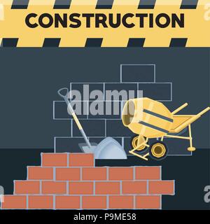 construction design with bricks wall and concrete mixer over gray background, colorful design. vector illustration Stock Vector
