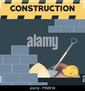 bricks wall and pile of sand with shovel over gray background, colorful design. vector illustration Stock Vector