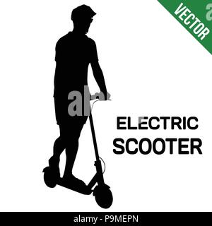 Man silhouette riding electric scooter on white background, vector illustration Stock Vector
