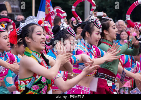 Nis, Serbia - July 16, 2018: Young cute Chinese girls dance folk dance ...