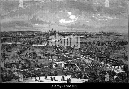 . English: Woodcut view of the grounds of the United States Centennial Exposition in Philadelphia, Pennsylvania. published 1879 122 AmCyc Philadelphia - Centennial Exhibition Stock Photo