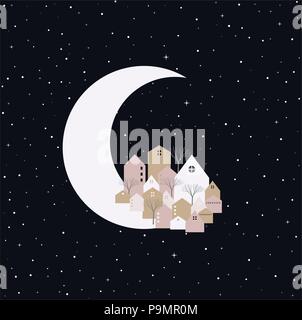 Small city on christmas eve night. Moon with cute houses and winter trees in star sky background. EPS10 vector. Stock Vector