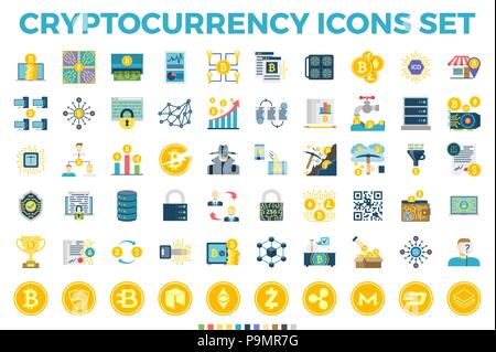 Cryptocurrency and Blockchain Flat Icons. Stock Vector