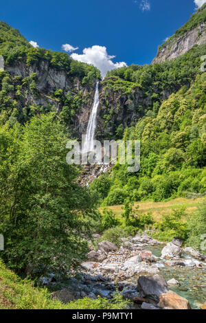 Foroglio waterfall with Swiss Alps in canton Ticino, Bavona valley, Switzerland, Europe. Stock Photo