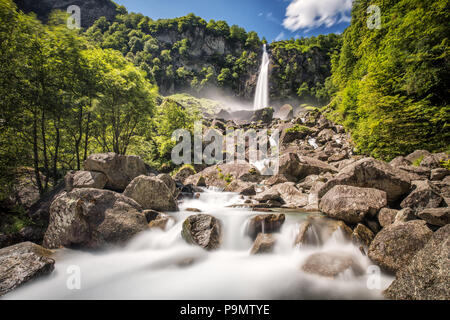 Foroglio waterfall with Swiss Alps in canton Ticino, Bavona valley, Switzerland, Europe. Stock Photo