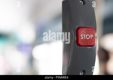 Stop request button on London transport bus Stock Photo
