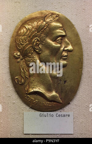 Gaius Julius Caesar depicted in the Italian Renaissance bronze plaque from the 16th century on display in the Bargello Museum (Museo Nazionale del Bargello) in Florence, Tuscany, Italy.