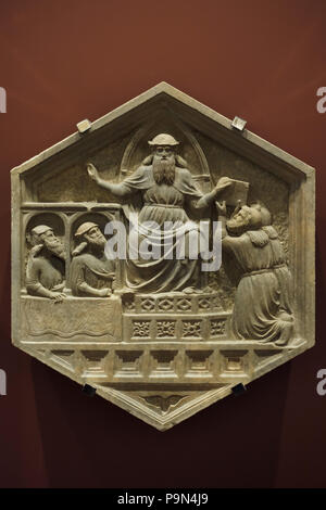 King Phoroneus as personification of the beginning of the law making depicted in the hexagonal relief by Italian Renaissance sculptor Andrea Pisano (1348-1350) from the Giotto's Campanile (Campanile di Giotto), now on display in the Museo dell'Opera del Duomo (Museum of the Works of the Florence Cathedral) in Florence, Tuscany, Italy. Stock Photo